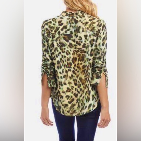 NWT KAREN KANE 3/4 Olive Green Leopard Print Button Down Top Blouse Large $140 - Picture 2 of 2
